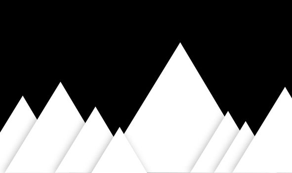 illustration of mountain scene made of geometrical shapes with a triangle in the black isolated background with soft shadow, layered image ready to print for cards, invitation, design print