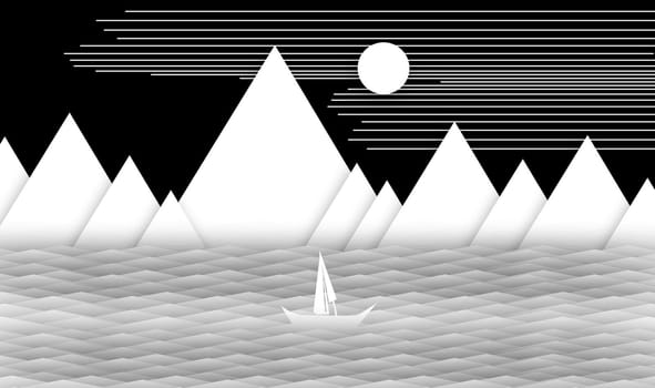 illustraiton of sailing boat in the ocean with mountain and sun in the back, nature scene made of geomatrical shapes with mountain, sun, sky and waves of ocean and the in black isolated background with soft shadow, layered image ready to print for cards, invitation, design print
