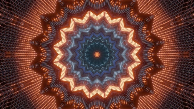 Kaleidoscopic 3D illustration of creative star shaped tunnel glowing with bright orange lights