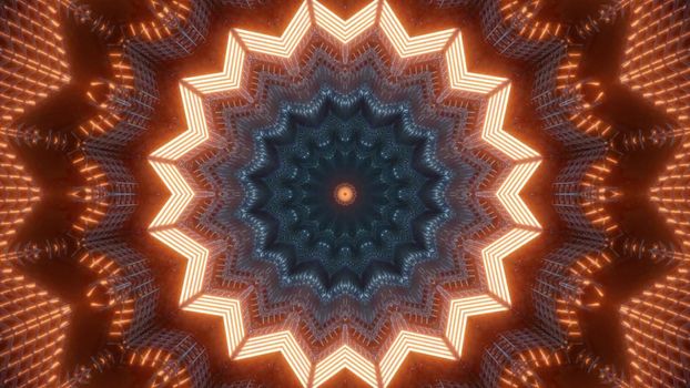 Kaleidoscopic 3D illustration of bright orange lights shining and forming abstract star shaped ornament