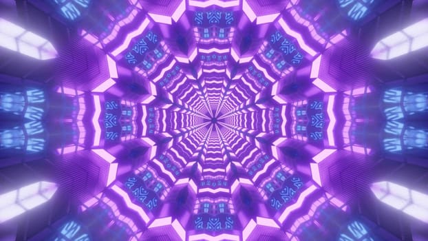 Kaleidoscopic 3D illustration of bright purple crystals gleaming and forming abstract fractal ornament