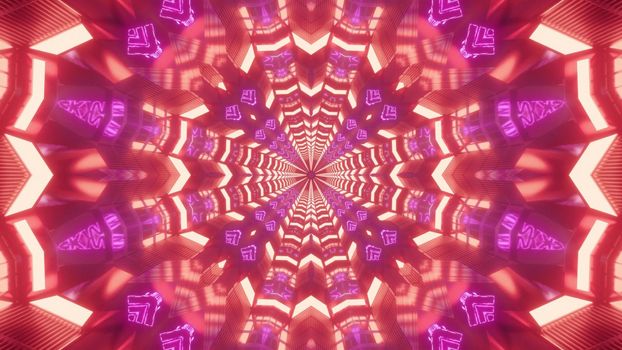 Kaleidoscopic 3D illustration of abstract fractal background with symmetric crystal tunnel of red color