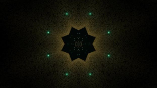 Symmetric 3D illustration of abstract black background of star shaped ornament with green dots