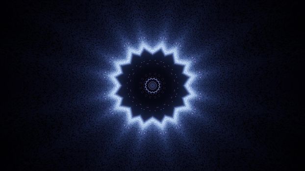 Creative 3D ornament of symmetric star shaped tunnel gleaming with blue light in darkness