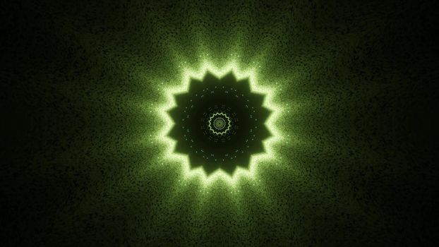 Bright 3D illustration of abstract background of star shaped tunnel shining with green light in darkness
