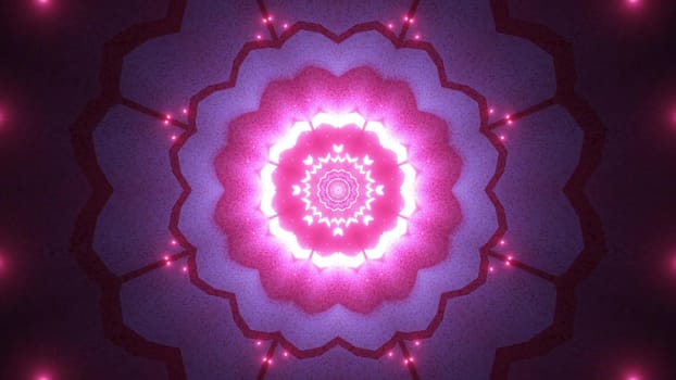Kaleidoscopic 3D illustration of abstract background with symmetric flower shaped ornament of pink color