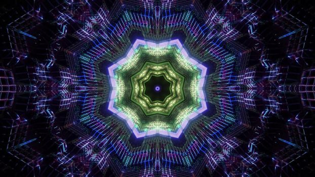 3d illustration optical illusion visual background of abstract magic colorful octagonal tunnel with shiny rays in darkness