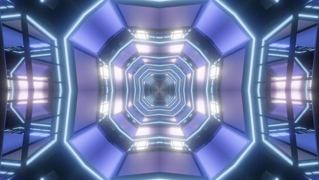 Symmetric 3D illustration of abstract background of geometric tunnel with glowing blue panels