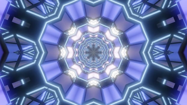 Kaleidoscopic 3D illustration of round geometric tunnel with panels shining with blue color