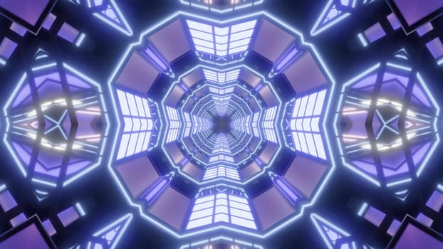 Kaleidoscopic 3D illustration of symmetric geometric tunnel illuminated with panels of bright violet lights
