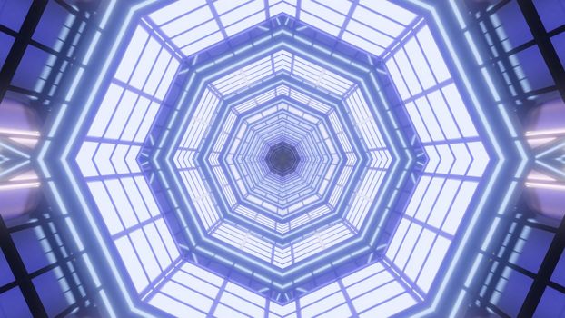Symmetric 3D illustration of abstract background with kaleidoscopic geometric tunnel shining with violet lights