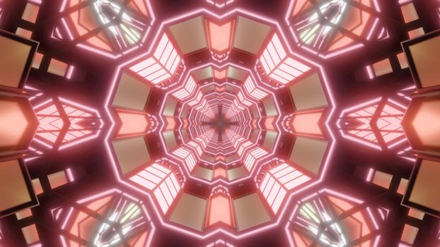 Kaleidoscopic 3D illustration of abstract background with geometric tunnel illuminated with orange crystals
