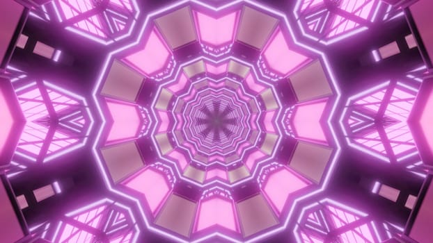 Abstract 3D illustration of bright geometric crystal tunnel illuminated with pink neon light