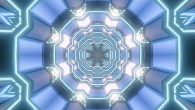 Symmetric 3D illustration of abstract background of kaleidoscopic tunnel with light blue illumination