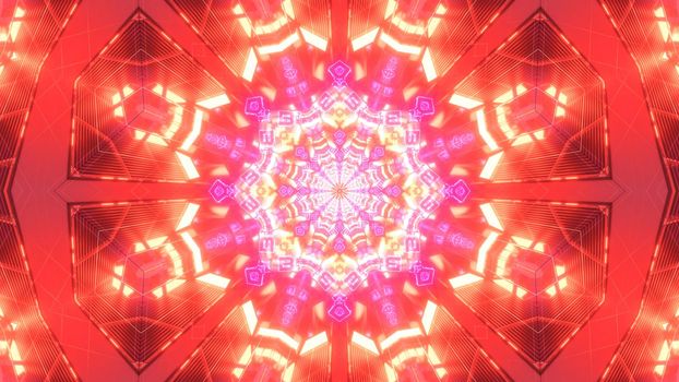 Abstract 3D illustration of kaleidoscopic background with shiny ornament of vivid red gem