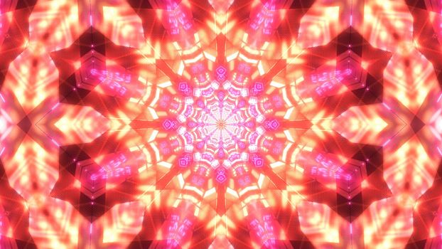 Creative 3D illustration of abstract background of symmetric crystal ornament gleaming with red color