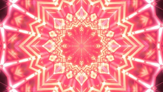 Kaleidoscopic 3D illustration of abstract background with symmetric red crystal glistening with red color