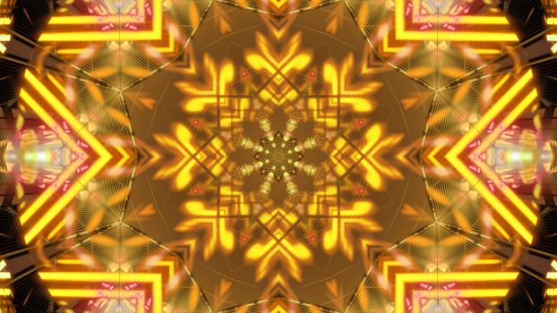 Symmetric 3d illustration of kaleidoscopic yellow crystal with abstract ornament formed with bright light
