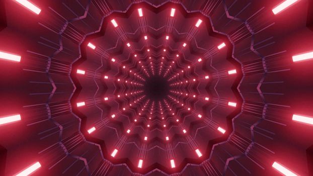 Abstract 3D illustration of round symmetric tunnel illuminated with many small red lamps