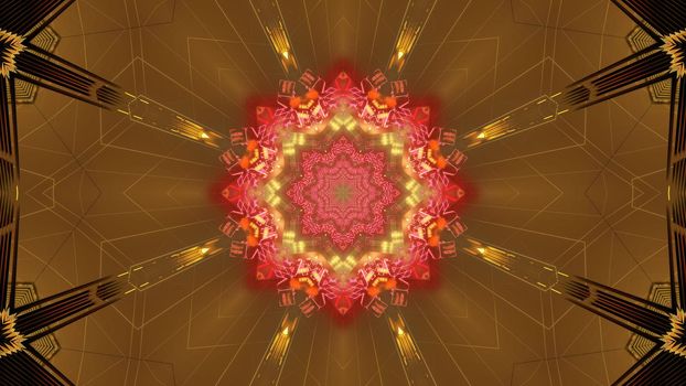 Abstract 3D illustration of symmetric gem tunnel shining with vivid red and yellow lights