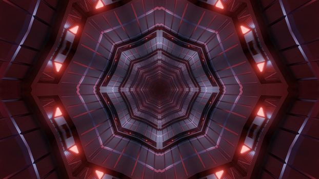 Kaleidoscopic 3D illustration of abstract dark tunnel with bright red lamps and geometric ornament
