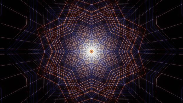 Symmetric 3D illustration of bright star shaped lines forming glowing tunnel in darkness