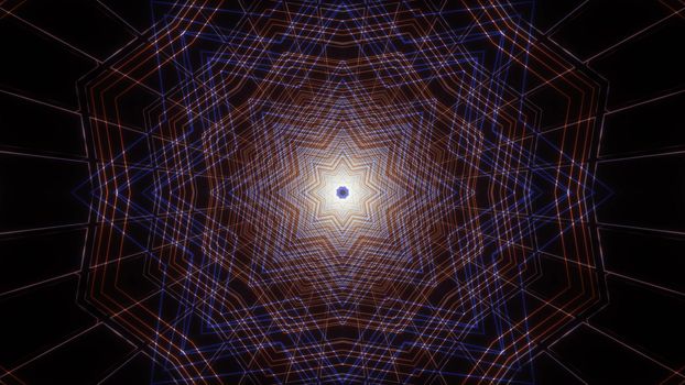Abstract 3D illustration of bright thin lines forming star shaped ornament on black background