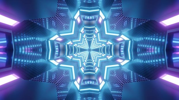 Abstract 3D illustration of symmetric cross shaped tunnel illuminated with blue and violet neon lamps