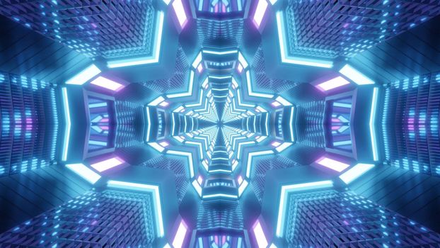 Symmetric 3D illustration of bright cross shaped tunnel glowing with blue and violet lights