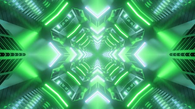 Symmetric 3D illustration of bright green neon lamps glowing in gross shaped tunnel