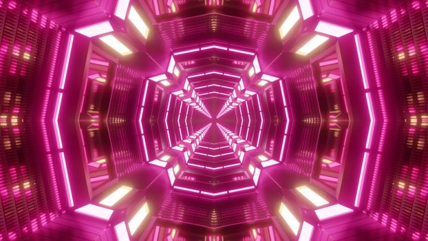 Kaleidoscopic 3D illustration of abstract cross shaped tunnel illuminated with bright neon lamps of pink color