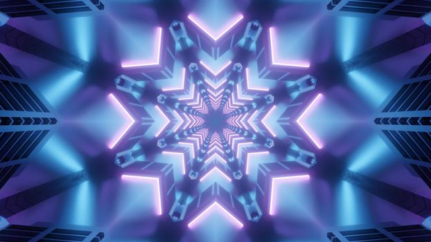 Symmetric 3D illustration of abstract background of neon violet tunnel with star shaped ornament