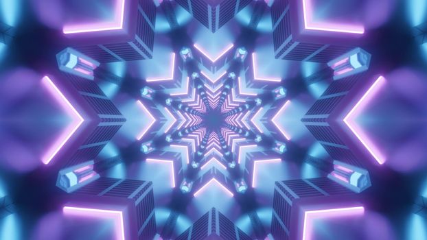 Kaleidoscopic 3D illustration of bright star shaped tunnel illuminated with blue and violet lamps