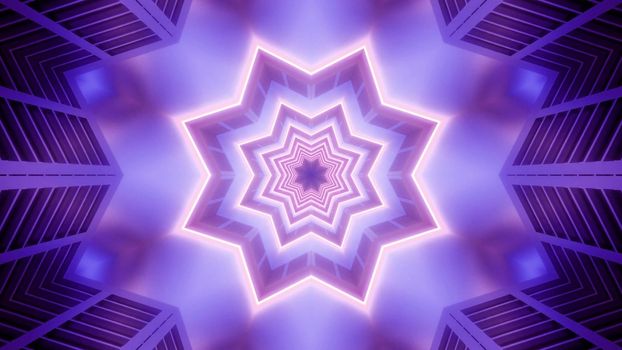 Abstract 3D illustration of symmetric purple star shaped ornament forming tunnel with neon illumination