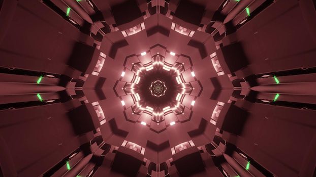Symmetric 3D illustration of abstract tunnel with kaleidoscopic ornament of dark vinous color