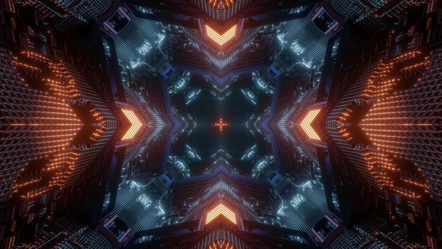 3d illustration abstract background design of virtual space tunnel with geometric pattern and glowing red neon arrows showing direction to dark hole