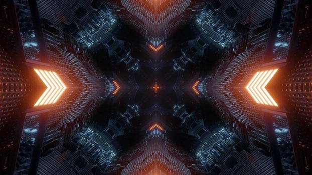 Perspective 3d illustration abstract background with glowing red neon arrows indicating to dark endless space with futuristic design