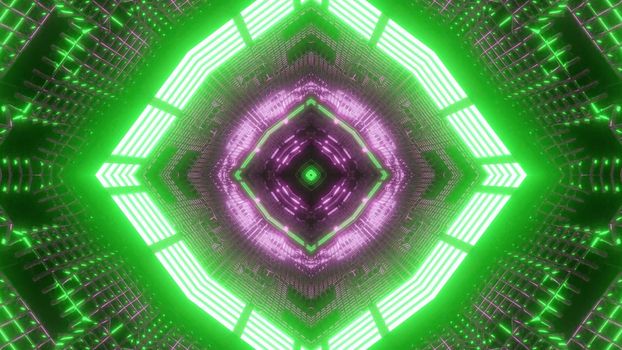 Vivid 3d illustration abstract background design of luminous green and purple neon symmetric geometric shapes creating optical illusion of endless tunnel