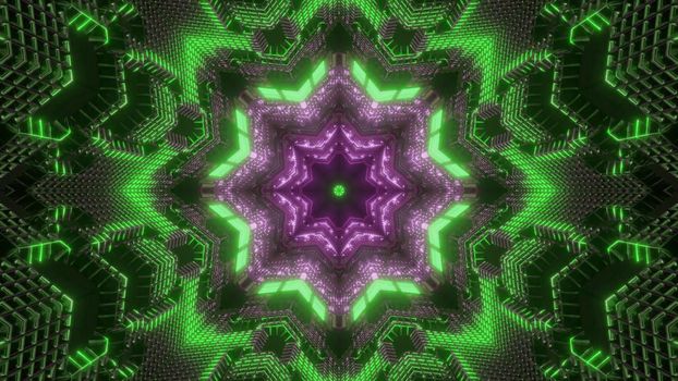 Shiny 3d illustration abstract background with symmetrical kaleidoscopic green and purple neon flower shaped ornament with optical illusion visual effect of endless tunnel