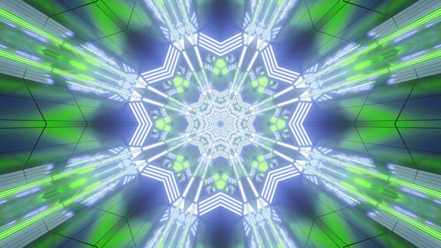 Glowing neon 3d illustration abstract background design with in green and blue tones with geometric flowers shaped kaleidoscopic pattern and visual perspective effect