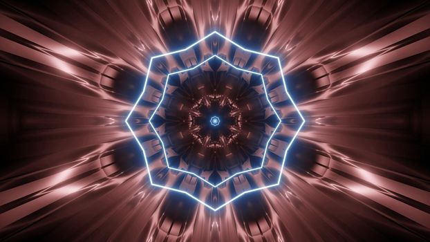 Symmetric 3D illustration of abstract brown background with blue neon lines forming shiny ornament