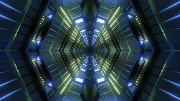 Kaleidoscopic 3D illustration of abstract background with tunnel illuminated with yellow and blue panels