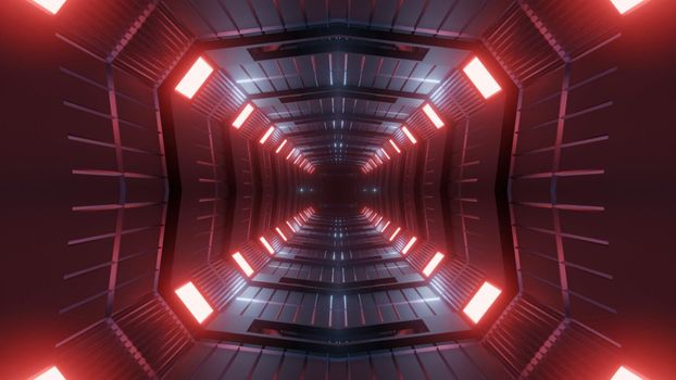 Symmetric 3D illustration of abstract background of tunnel illuminated with bright red lamps