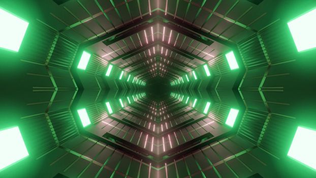 Abstract 3D illustration of kaleidoscopic symmetric tunnel illuminated with vivid neon green lamps