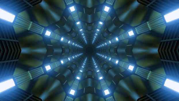 Abstract 3D illustration of symmetric kaleidoscopic dark tunnel illuminated with bright blue lamp