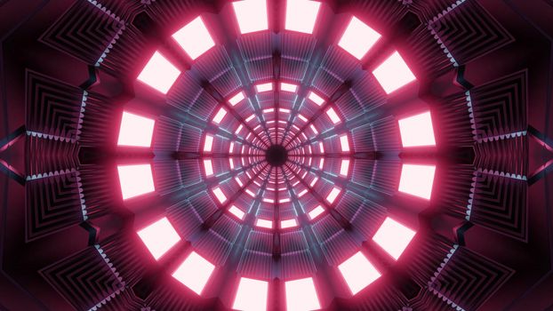 Kaleidoscopic 3D illustration of round symmetric tunnel illuminated with bright lamps of pink color