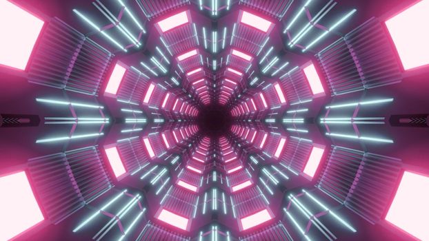 Symmetric 3D illustration of abstract background of vivid tunnel illuminated with pink lamps