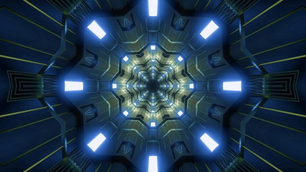 Kaleidoscopic 3D illustration of vivid blue lamps illuminating abstract dark tunnel with yellow ornament