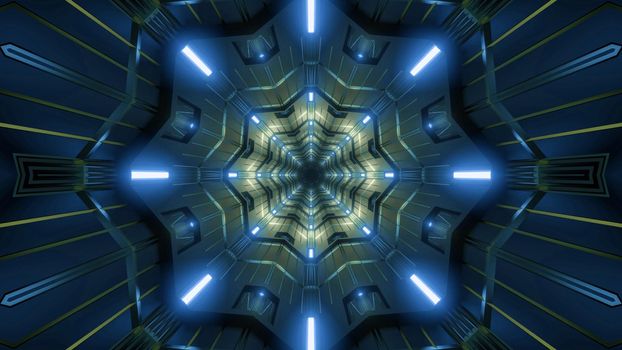 Kaleidoscopic 3D illustration of symmetric abstract dark tunnel illuminated with vibrant yellow and blue lights