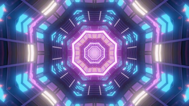 3d illustration abstract visual background of interior of octagonal corridor of futuristic building with symmetric design and colorful neon illumination